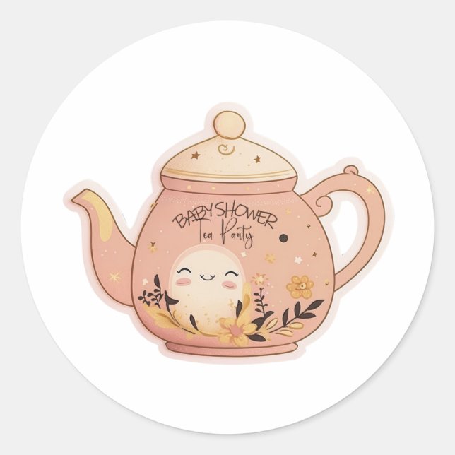 Rosa Teekanne mit floralen Aufklebern Runder Aufkleber (Vorderseite)