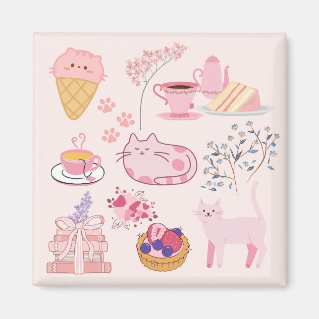 Rosa Teekatzen Magnet (Vorne)