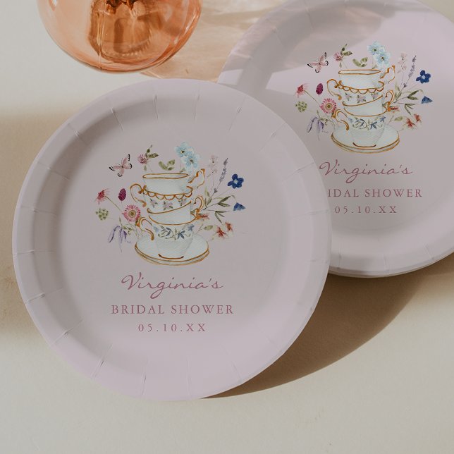 Rosa Teeparty-Teller aus Papier Pappteller (Pink Tea Party Paper Plates with Butterfly by Painted Paperie
)