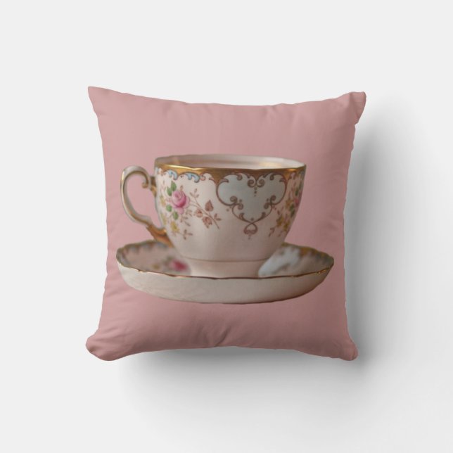 Rosa Teeschale und Saucer mit Rosen-Kissen Kissen (Vorderseite)