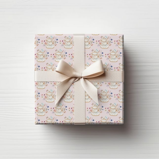 Rosa Teetasse Geschenkpapier (Pink Floral Teacup Bridal Shower Wrapping Paper by Painted Paperie
)