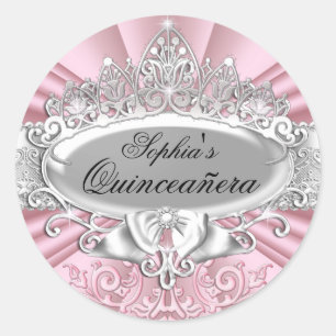 Rosa Tiara & Damast Quinceanera-Aufkleber Runder Aufkleber
