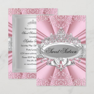 Rosa Tiara Damast Sweet Sixteen Party Einladung
