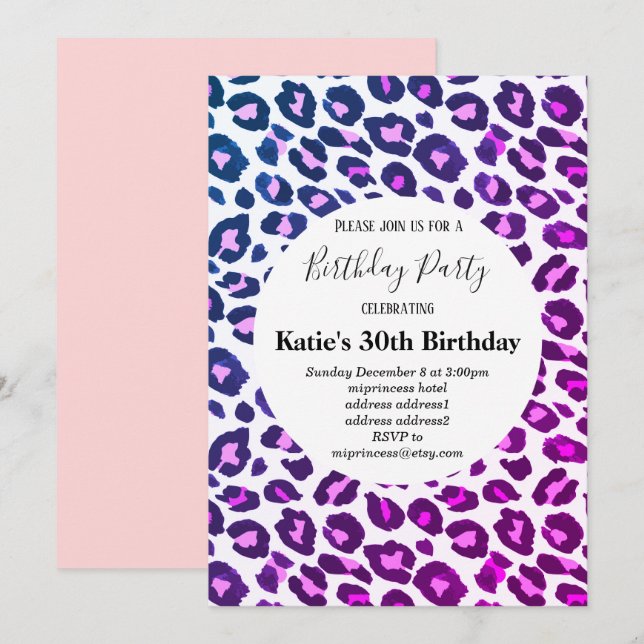 Rosa Tierprint, Leopard, Geparden Geburtstag Einladung (Vorne/Hinten)