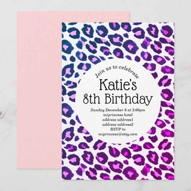 Rosa Tierprint, Leopard, Geparden Geburtstag Einladung (Vorne/Hinten)