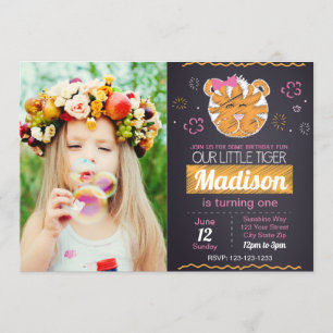 Rosa Tiger-Geburtstags-Einladung mit Foto Einladung