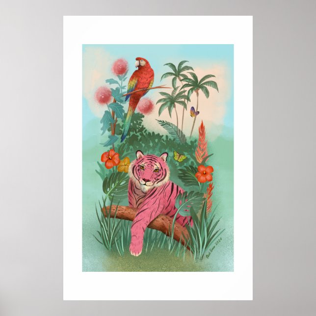 Rosa Tiger und Papagei Tropenstoff Extra Großdruck Poster (Vorne)