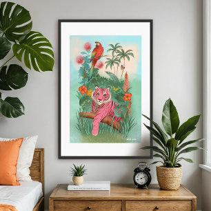 Rosa Tiger und Papagei Tropischer Dschungel-Kunstp Poster