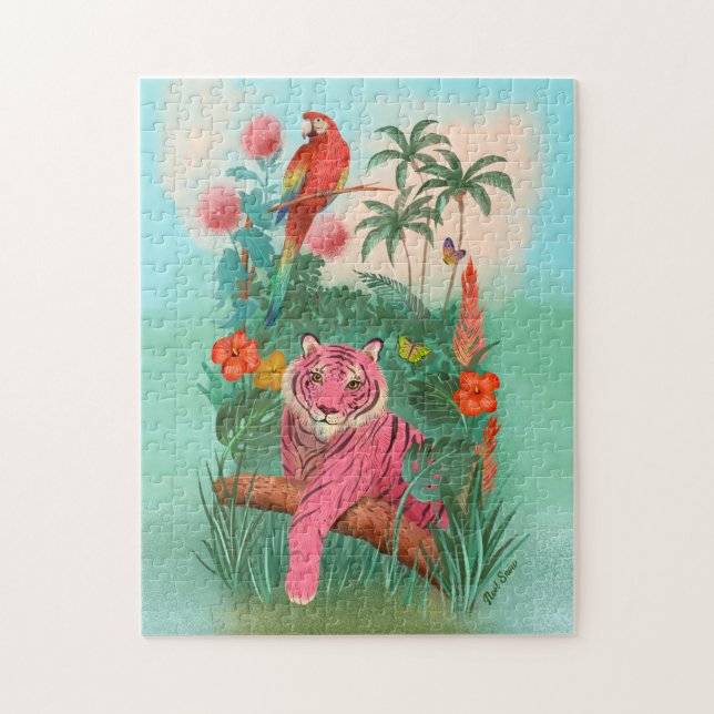 Rosa Tiger und tropischer Parrot-Dschungel Puzzle (Vertikal)