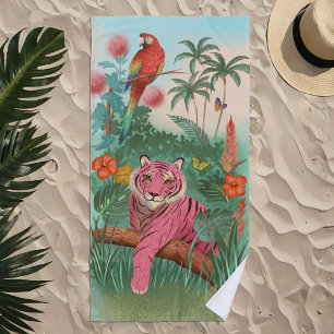 Rosa Tiger und tropischer Parrot-Dschungel Strandtuch