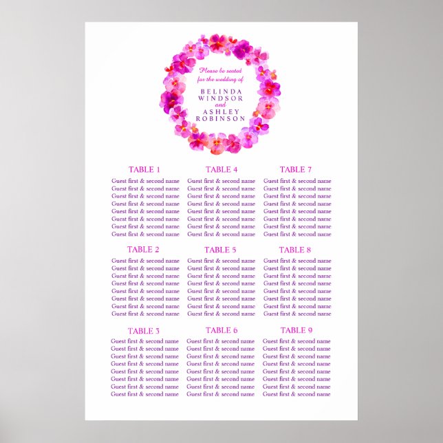 Rosa Tischplaner für Hochzeiten 1-9 Tische Poster (Vorne)