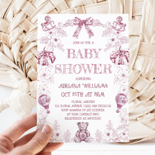 Rosa Toile-Bär-Blumen-Mädchen-Baby-Party Einladung