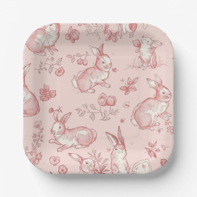 Rosa Toile-Hasen-Party-Teller Pappteller (Vorderseite)