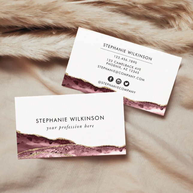 Rosa Tor & Rose Goldbord Farbe Visitenkarte (Blush Pink Agate & Rose Gold Border Watercolor Business Card)