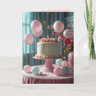 Rosa Torte und Luftballons Einladung