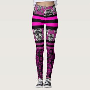 Rosa Totenkopf gestreifte Leggings