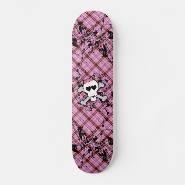 Rosa Totenkopf mit gekreuzter Knochen mit Herzen Skateboard (Vorderseite)