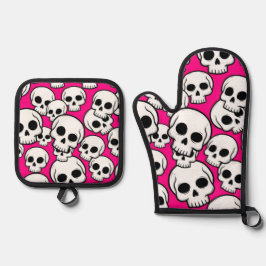 Rosa Totenkopf-Muster Ofenhandschuh & Topflappen-Set