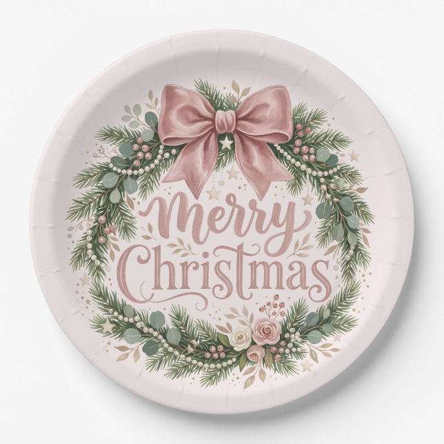 Rosa traditioneller Weihnachtskranz | Pinkmas Pappteller (Vorderseite)