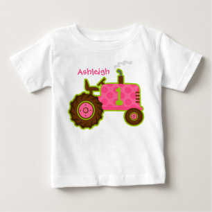 Rosa Traktor-1. Geburtstag personalisiert Baby T-shirt