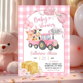 Rosa Traktor Gingham Coquette Farm Babyparty Einladung