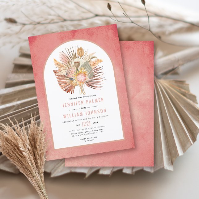 Rosa Trauben mit getrockneten Palmen und Pampas Einladung (Von Creator hochgeladen)