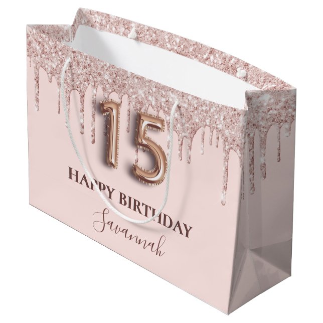 Rosa Tropfen aus Quinceanera Rose Gold Große Geschenktüte (Rückseite Schrägansicht)