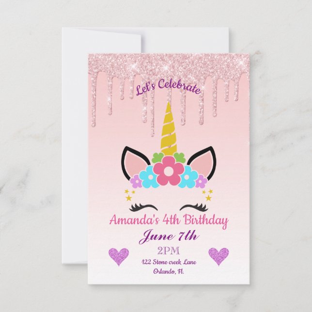 Rosa Tropfende Glitzer/Blumenzwiebeln Geburtstag Einladung (Vorderseite)