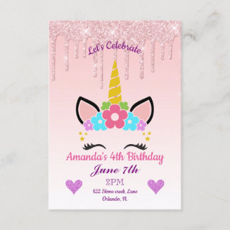 Rosa Tropfende Glitzer/Blumenzwiebeln Geburtstag Einladung