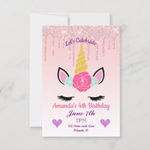 Rosa Tropfende Glitzer/Blumenzwiebeln Geburtstag Einladung
