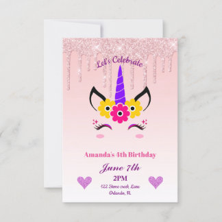 Rosa Tropfende Glitzer/Blumenzwiebeln Geburtstag Einladung