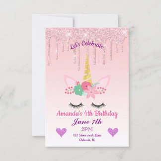 Rosa Tropfende Glitzer/Blumenzwiebeln Geburtstag Einladung