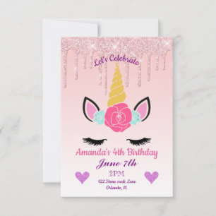 Rosa Tropfende Glitzer/Blumenzwiebeln Geburtstag Einladung