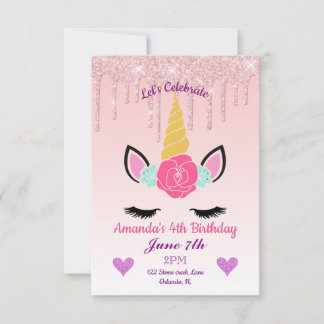 Rosa Tropfende Glitzer/Blumenzwiebeln Geburtstag Einladung