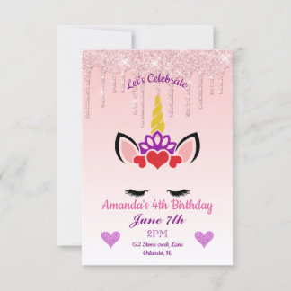 Rosa Tropfende Glitzer/Einhorn Geburtstag Einladung