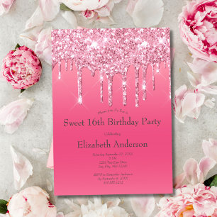 Rosa tropfender Glitter-Bling Sweet 16. Geburtstag Einladung