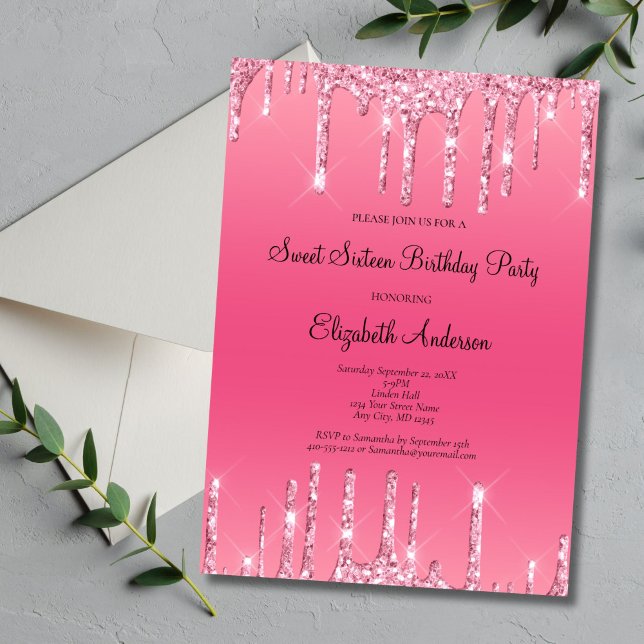 Rosa Tropfender Glitzer Glam Sweet 16 Birthday Einladung (Pink Dripping Glitter Sweet Sixteen Birthday Party Invitation, Bling Glam, Printed or Digital )