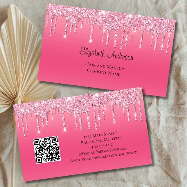 Rosa Tropfnägel Glitzer QR-Code Haarsalonnagel Visitenkarte (Pink Dripping Glitter Glam Bling Hair Skin Nails Salon Business Card for her Women owned Business)