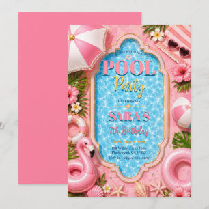 Rosa Tropical Pool Party Geburtstag Einladung