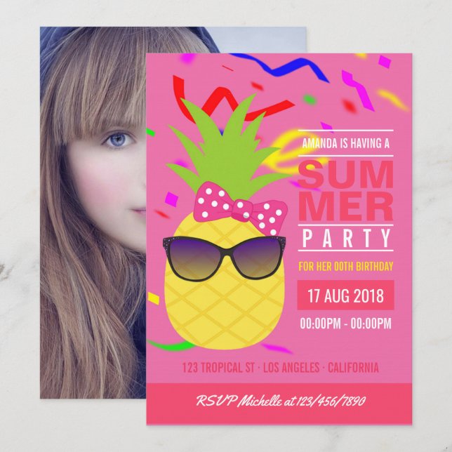 Rosa Tropical Summer Girl Birthday Party Foto Einladung (Vorne/Hinten)