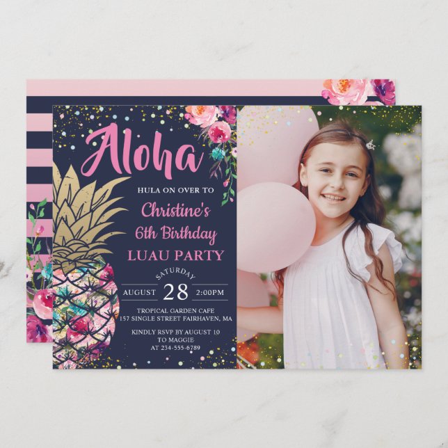 Rosa tropische Ananas Navy Blue Birthday Foto Einladung (Vorne/Hinten)