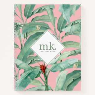 Rosa tropische Bananen-Blätter Mit Monogramm Notizbuch