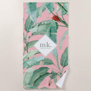 Rosa tropische Bananen-Blätter Mit Monogramm Strandtuch