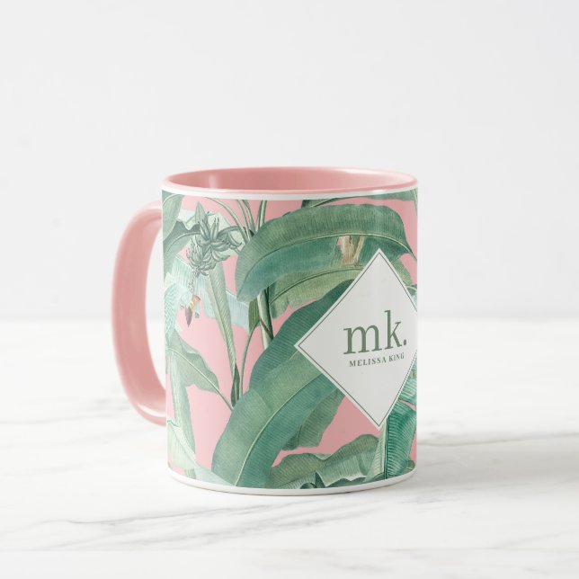 Rosa tropische Bananen-Blätter Mit Monogramm Tasse (Vorderseite Links)