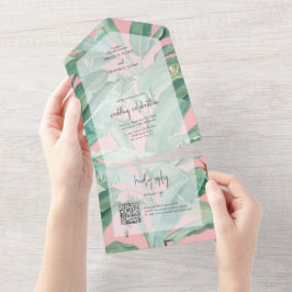 Rosa tropische Bananenpalme Blätter Hochzeit All In One Einladung