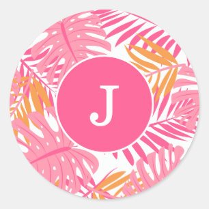 Rosa tropische Blätter Mit Monogramm Runder Aufkleber