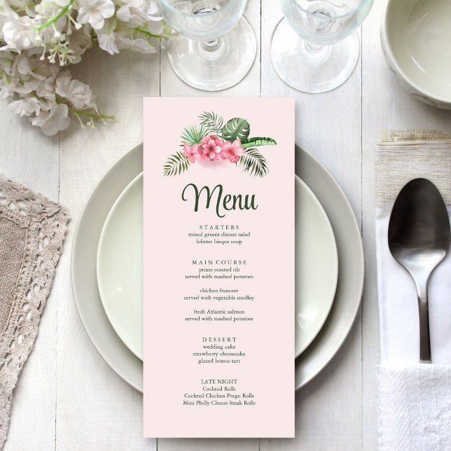 Rosa tropische Blume Hochzeitsmenü Menükarte (Pink Tropical Flowers Wedding Menu on a white wedding table.)