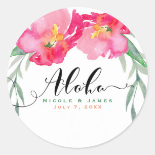 Rosa Tropische Grüne Blatt Rebe Florale Aloha Part Runder Aufkleber