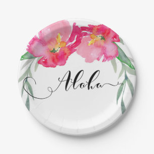 Rosa Tropische Grüne Blattrebe Florale Aloha-Party Pappteller