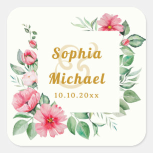 Rosa tropische Hibiskusblüten und üppiges Grün  Quadratischer Aufkleber